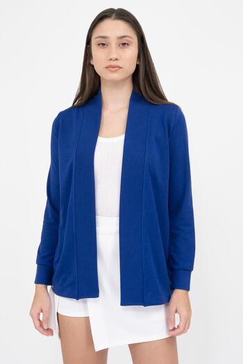Soyo Women's Navy Blue Knitted Buttonless Viscose Shawl Collar Jacket