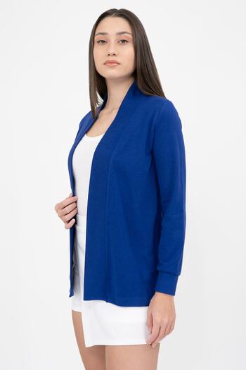 Soyo Women's Navy Blue Knitted Buttonless Viscose Shawl Collar Jacket