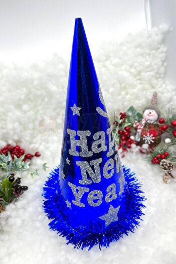 Huzur Party Store Синя новорічна шапка з картону з написом «Happy New Year», блискітками та яскравими бахромами, темно-синя, велика