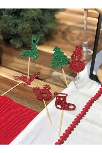 Masalsı Concept 6 Pieces Green and Red Mixed Christmas Motif New Year's Tableware Ornament Glittered Eva New Year's Toothpick