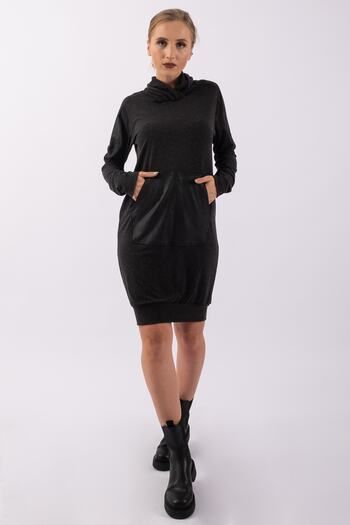 Bold & Young Women's Anthracite Wool Viscose Fabric Faux Leather Combination Pleated Collar Dress