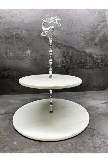 Modestmar Natural Marble Cookie Holder & Cake Holder 2 Layers with Silver Deer Object
