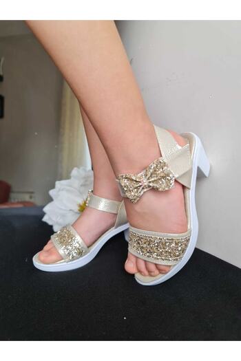 Sare Çocuk Giyim Girl's Heeled Evening Dress Gold Glitter Shoes Sandals
