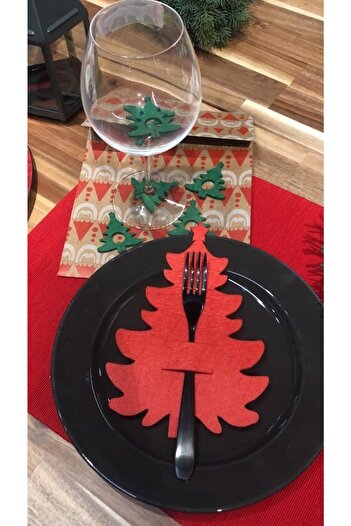 Masalsı Concept 6-Piece Felt Christmas Tree Red Fork Spoon Holder and 6 Pieces Christmas Tree Pattern Green Goblet Ornament Presentation