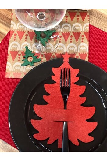 Masalsı Concept 6-Piece Felt Christmas Tree Red Fork Spoon Holder and 6 Pieces Christmas Tree Pattern Green Goblet Ornament Presentation