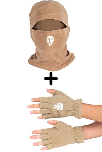 herotasarım Polar Hacker Snow Mask and Cut Gloves Set - Sand Bll2933