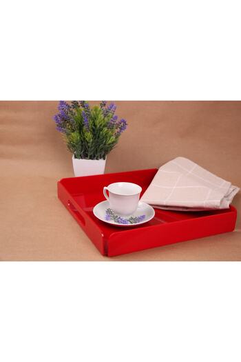 Asfal Red Plexiglass Tray with Handle 25x25 Cm Service, Coffee, Tea, Presentation and Gift Tray 3mm