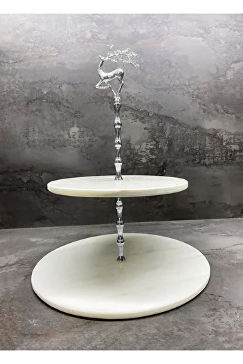 Modestmar Natural Marble Cookie Holder & Cake Holder 2 Layers with Silver Deer Object