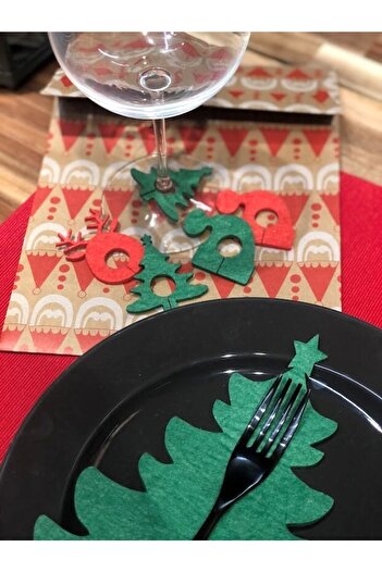Masalsı Concept Green Fork Goblet Ornament Presentation Set - 6-Piece Felt Christmas Tree and 6 Mixed Colors