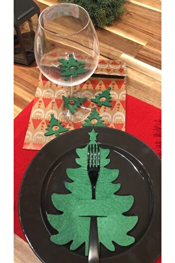 Masalsı Concept 4-Piece Felt Christmas Tree Green Fork Spoon Holder and 4 Green Colored Goblet Christmas Ornament Presentation Set