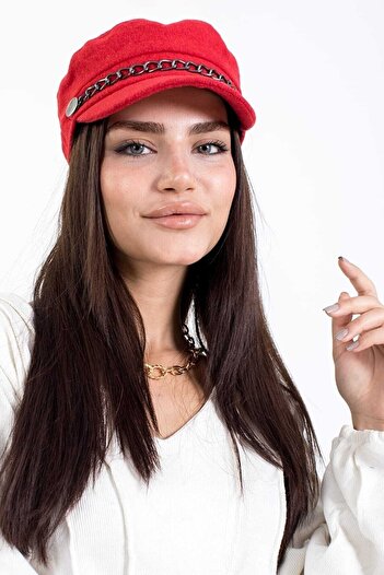 LadyColor Winter Hat with Chain Accessory Eyebrow Fabric Captain Red