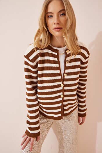Happiness İstanbul Dámský kostěný hnědý proužkovaný úplet Cardigan BP00142