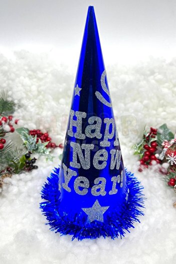 Huzur Party Store Синя новорічна шапка з картону з написом «Happy New Year», блискітками та яскравими бахромами, темно-синя, велика