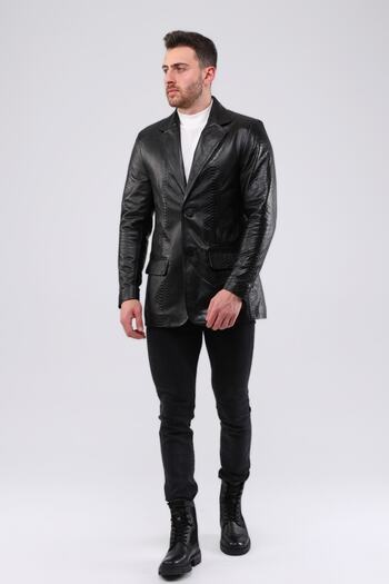 CE-YIL DERİ ÜRÜNLERİ Genuine Leather Snake Print Blazer Jacket