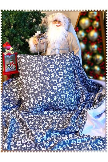QUEEN AKSESUAR New Year's Deer Cookie Man Patterned Decoration Carefree Fabric Throw Pillow Cushion Table Bed Cover Set