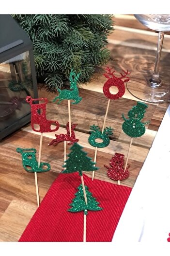Masalsı Concept 6 Pieces Green and Red Mixed Christmas Motif New Year's Tableware Ornament Glittered Eva New Year's Toothpick