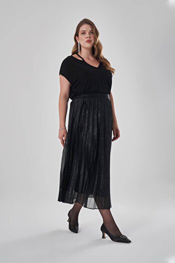 Mizalle Tulle Glitter Pleat Black Skirt
