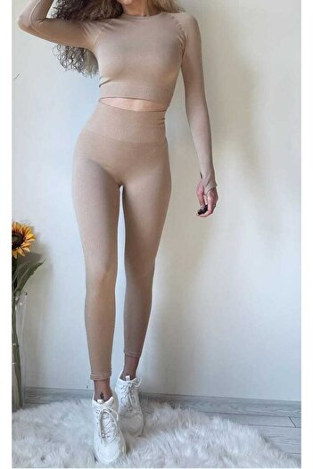 MAGZA Women's Beige Extra High Waist Seamless Sports Tights Set With Crop