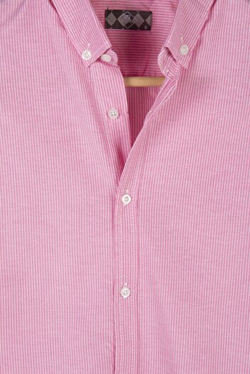 VEAVEN Men's Pink Thick Vertical Striped Long Sleeve Button Collar Slim Fit Shirt