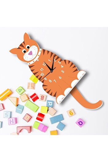 CajuArt Wooden Swinging Pendulum Tabby Cat Children's Room Wall Clock