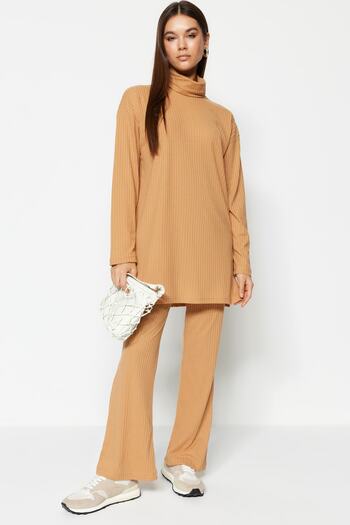 Trendyol Modest Camel Turtleneck Tunic-Pants Knitted Set TCTAW23US00126