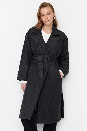 Trendyol Collection Antracitový oversize široký střih s páskem dlouhý vlněný kabát TWOAW22KB0015