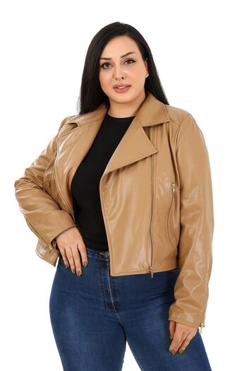 DISENTIS MODEST Μπεζ κοντό δερμάτινο παλτό Plus Size Διπλό φερμουάρ με λεπτομερή επένδυση τσέπης