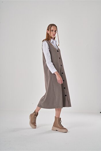 Mizalle Κοτλέ Μπεζ Gilet Φόρεμα