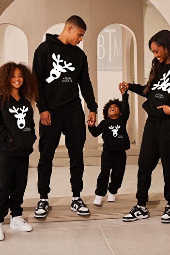 Buğraterzimoda Christmas New Year Family Combination Deer Printed Hooded Kangaroo Pocket Black Sweatshirt (Price is for one single)