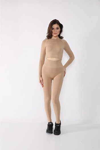 MAGZA Women's Beige Extra High Waist Seamless Sports Tights Set With Crop