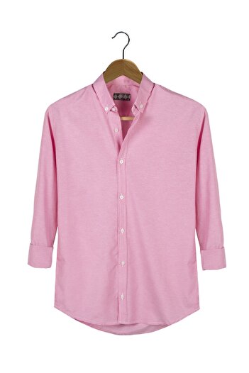 VEAVEN Men's Pink Thick Vertical Striped Long Sleeve Button Collar Slim Fit Shirt
