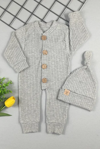 ADABEBEK 100% Cotton Wooden Buttoned Ribbed Style Hat Baby Romper