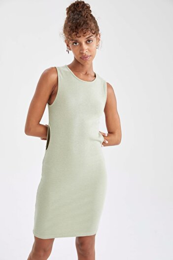 DeFacto Regular Fit Crew Neck Ribbed Camisole Mini Short Sleeve 100% Cotton Dress
