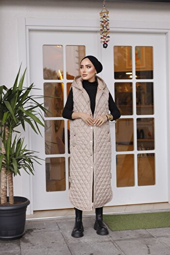 MASSMİZO Women's Hooded Slit Detailed Long Filling Vest