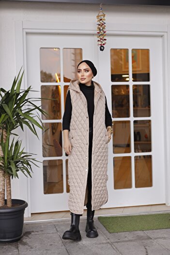 MASSMİZO Women's Hooded Slit Detailed Long Filling Vest