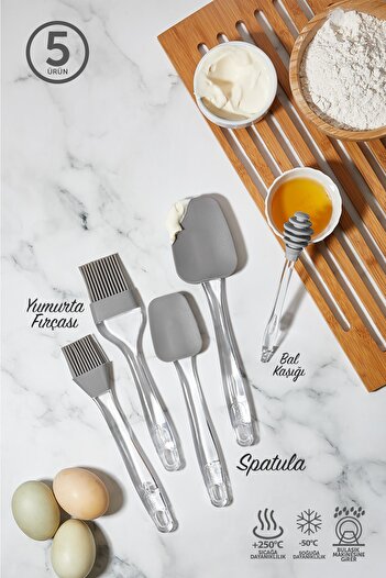 Hane Set of 5 Silicone Brushes and Spatulas with Honey Spoon, Gray Color
