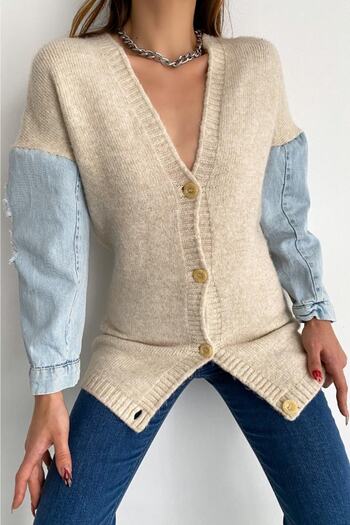 FEMELLE Women's Button Detailed Sleeve Denim Knitwear Cardigan