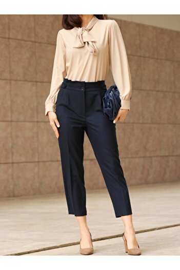 ZARAZA Women's Navy Blue High Waist Epaulet Trousers