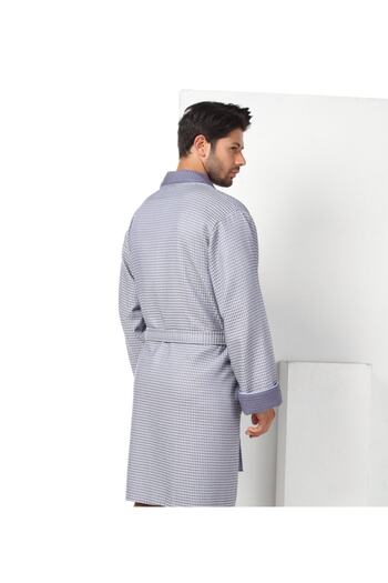Nuşa Smoked Short Şalyaka Checked Pique Bamboo Cotton Men's Dressing Gown