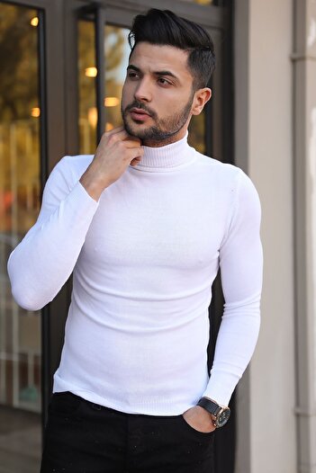 Factor Men's White Turtleneck Plain Knitwear Sweater F7646
