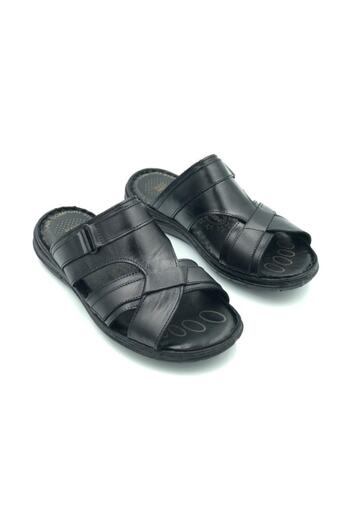 ERENİM Men's Black Genuine Leather Slippers
