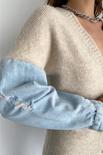 FEMELLE Women's Button Detailed Sleeve Denim Knitwear Cardigan