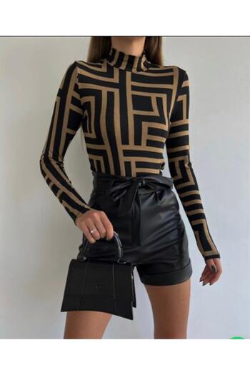 laughs Women's Slim Long Sleeve Patterned Half Turtleneck Blouse Blz2280