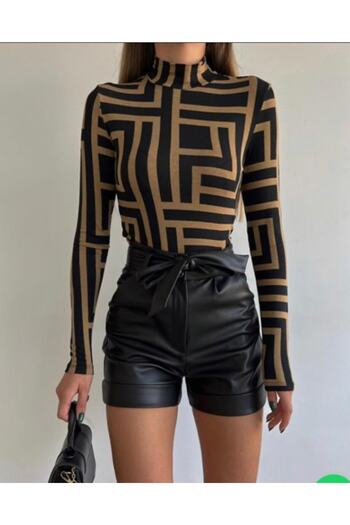 laughs Women's Slim Long Sleeve Patterned Half Turtleneck Blouse Blz2280