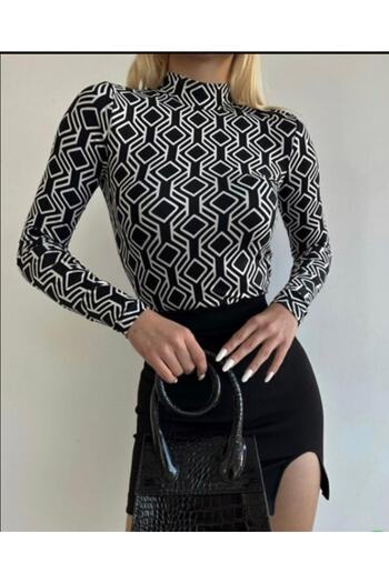 laughs Women's Slim Long Sleeve Patterned Half Turtleneck Blouse Blz2280