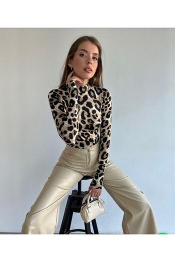 laughs Women's Slim Long Sleeve Patterned Half Turtleneck Blouse Blz2280