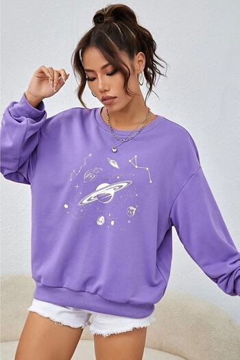 MODAGEN Lilac Galaxi Printed Women's Sweatshirt - Crew Neck