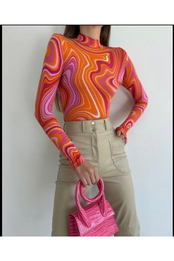 laughs Women's Slim Long Sleeve Patterned Half Turtleneck Blouse Blz2280