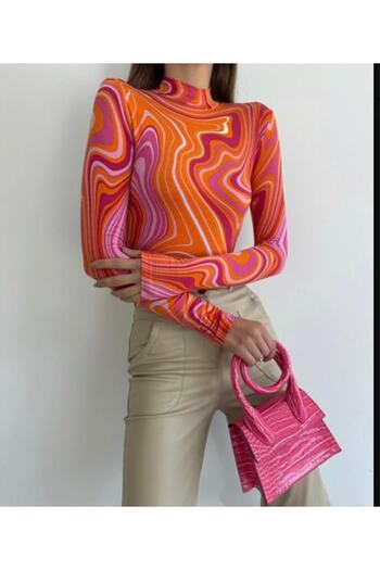 laughs Women's Slim Long Sleeve Patterned Half Turtleneck Blouse Blz2280