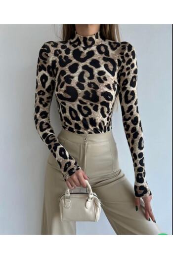 laughs Women's Slim Long Sleeve Patterned Half Turtleneck Blouse Blz2280